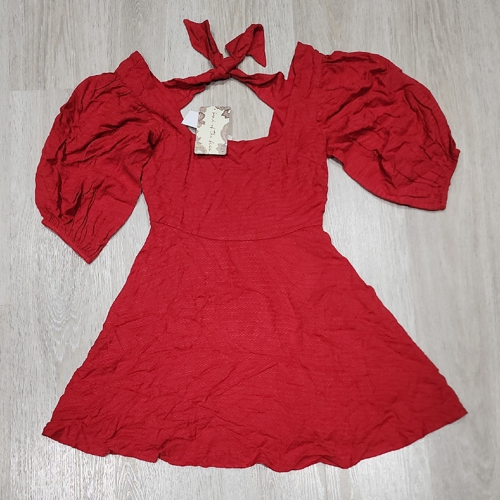 Red Puff-Sleeve Tie-Back Mini Dress